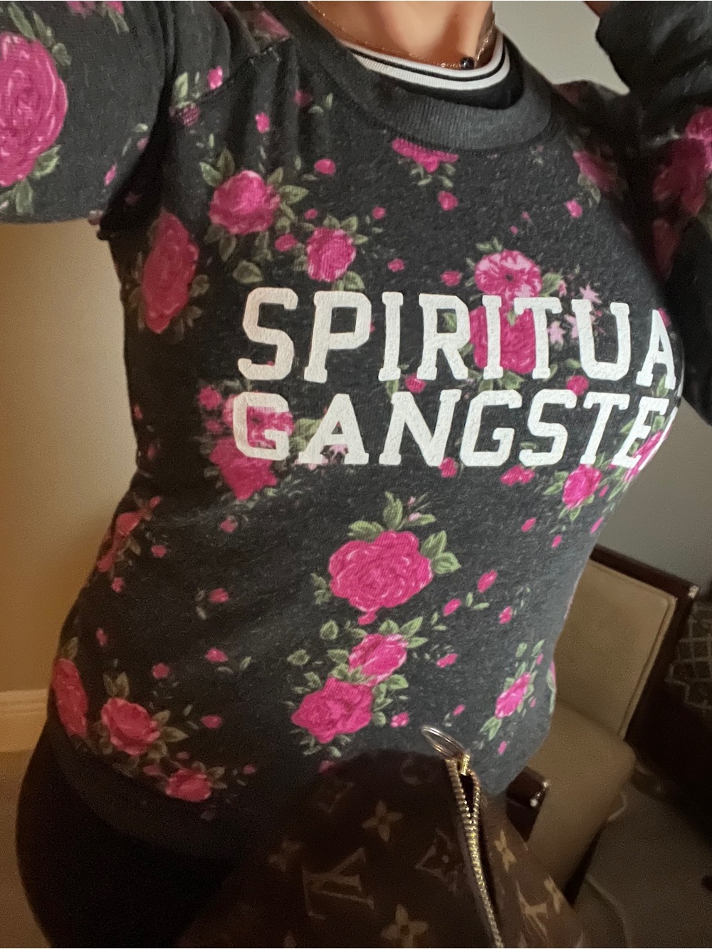 Spiritual Gangster Charcoal Sweatshirt with Pink Floral Print